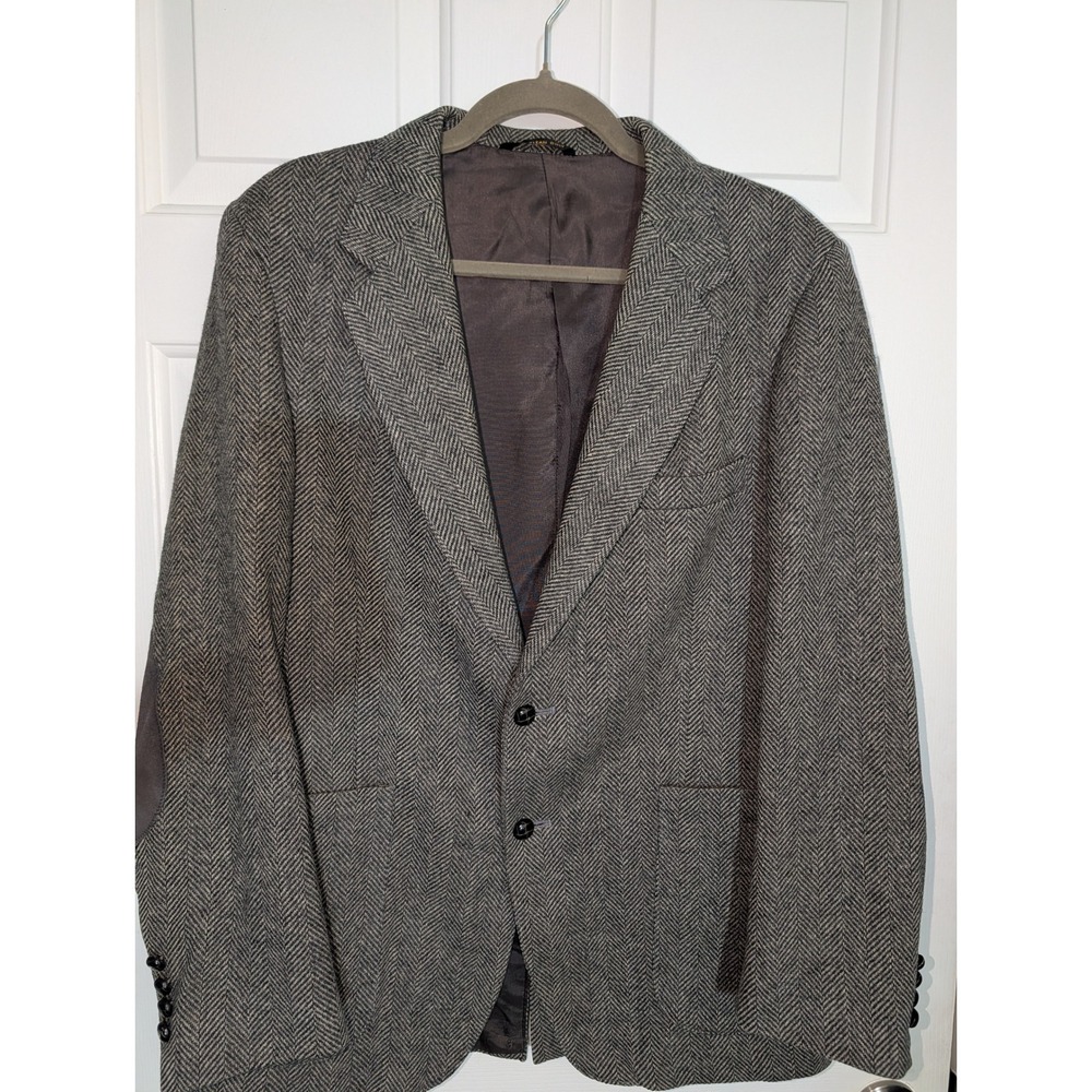 Vintage Gray Herringbone Blazer Mens Sport Coat Elbow Patches 44R